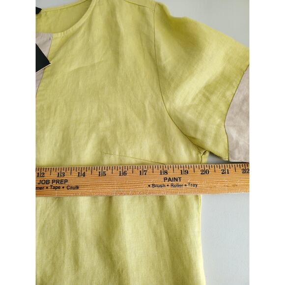 Yellow Beige Linen Short Sleeve Shift Mini Dress M Scandi Neutral Coastal NEW - Picture 6 of 10